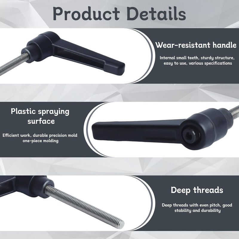 Begino Clamping Lever Handles with Quick Release Push Button Locking, 304 Stainless Steel M5 x 45mm Stud - Black (6 Pack) - Image 5